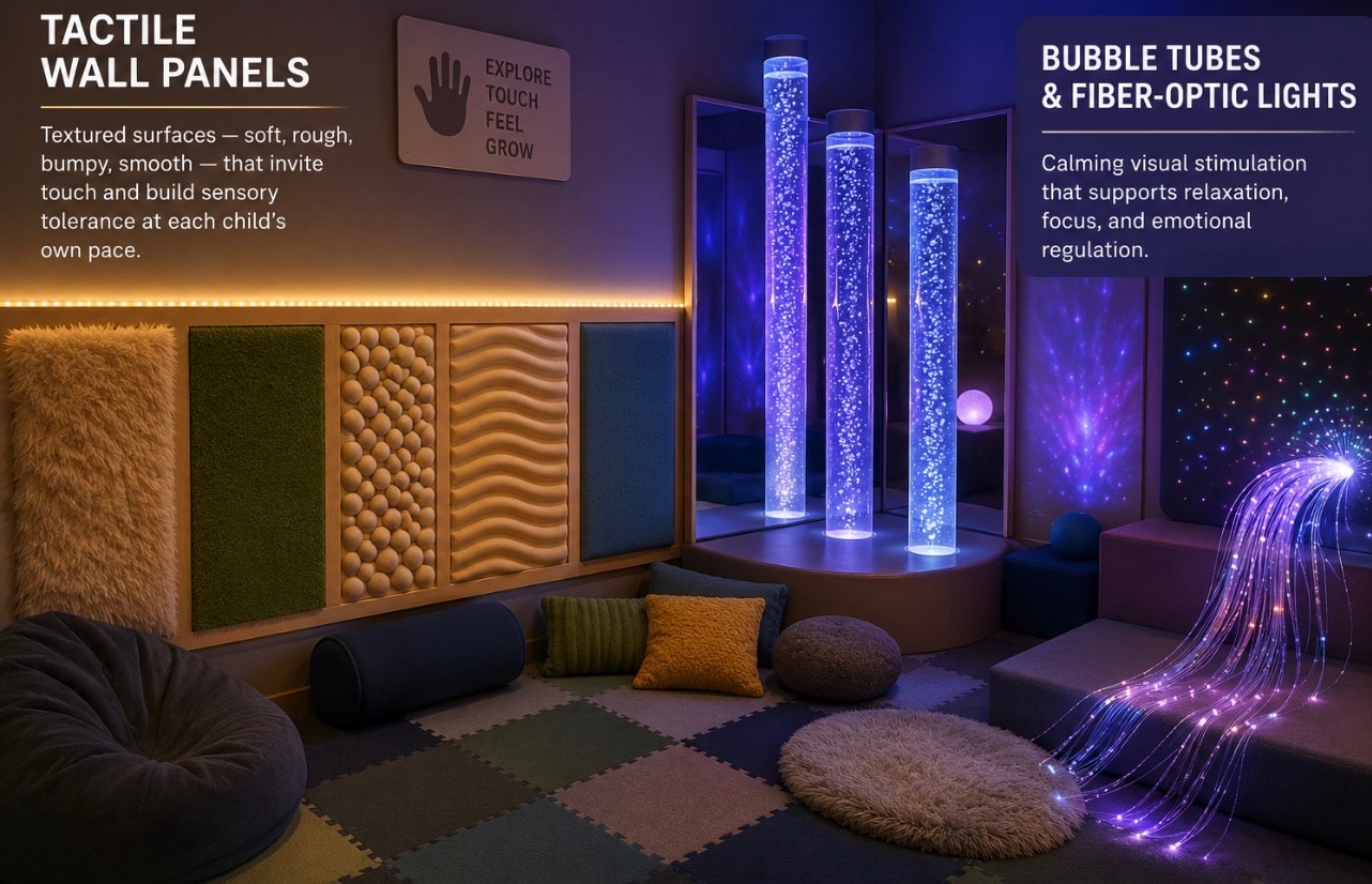 Sensory room with bubble tubes, fiber-optic lights, and colorful floor cushions